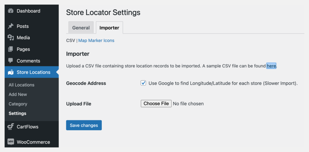 store locator csv settings