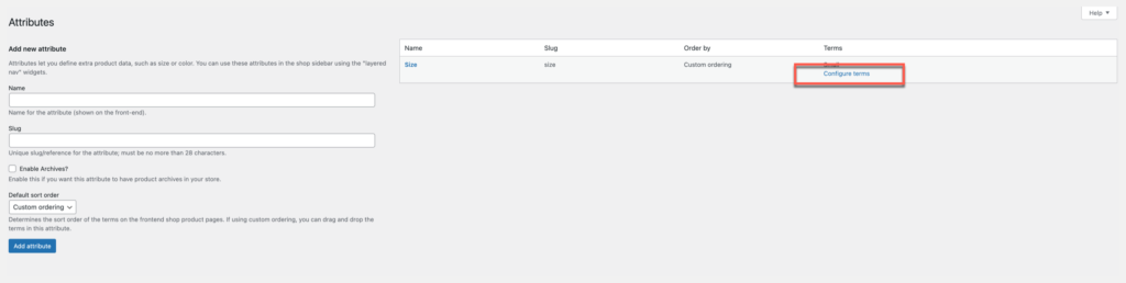 global attributes woocommerce, settings page configure terms