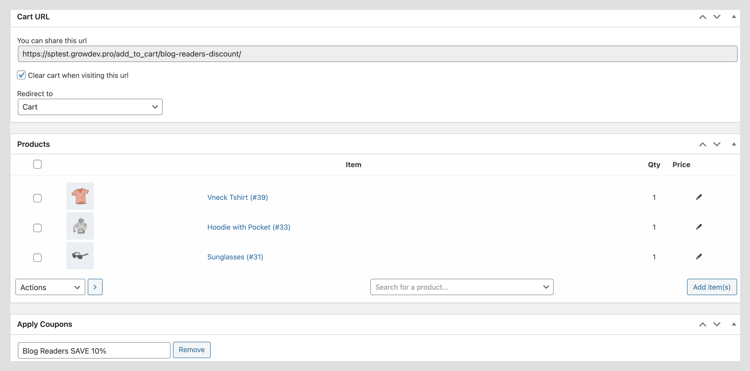 Add multiple products and a coupon to the Cart URL